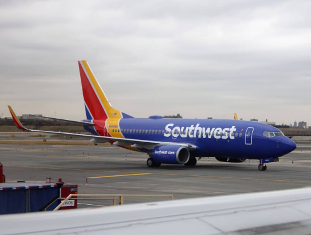 A general view of a Southwest Airlines jet photographed at LaGuardia Airport on February 4, 2024 in the Queens borough of New York City, United States