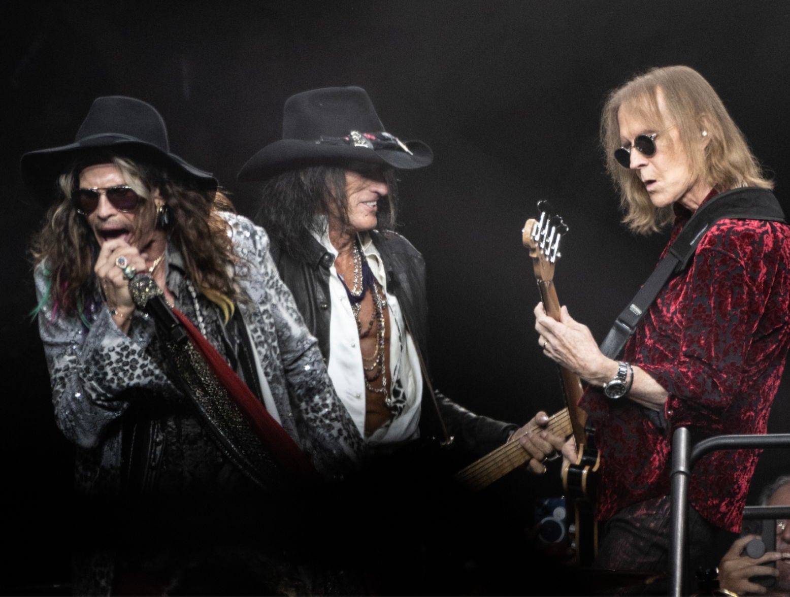 (L-R) Steven Tyler, Joe Perry and Tom Hamilton of Aerosmith perform live on stage at the Wells Fargo Center on September 02, 2023 in Philadelphia, Pennsylvania.