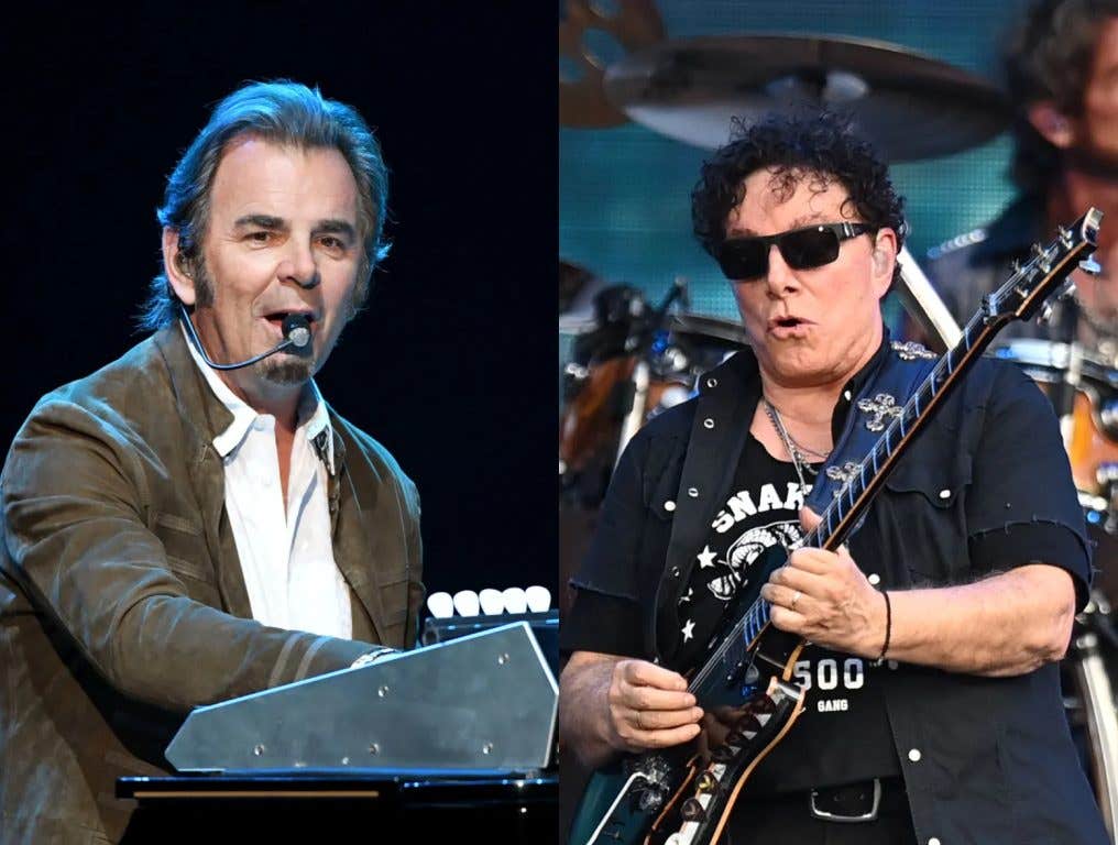 Jonathan Cain of Journey performs during the first night of the band's second nine-show residency at The Joint inside the Hard Rock Hotel & Casino on May 3, 2017 in Las Vegas, Nevada; Neal Schon of Journey performs onstage during the "Summer Stadium" tour at Truist Park on July 13, 2024 in Atlanta, Georgia.