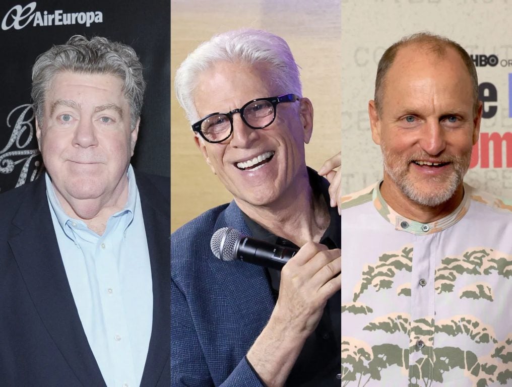 George Wendt posing for a photo on a red carpet; Ted Danson speaking at an event; Woody Harrelson posing for a photo on a red carpet.