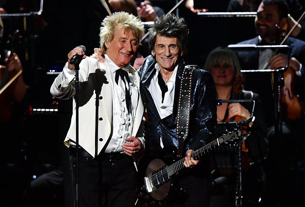 Ronnie Wood and Rod Stewart perform during The BRIT Awards 2020 at The O2 Arena on February 18, 2020 in London, England.