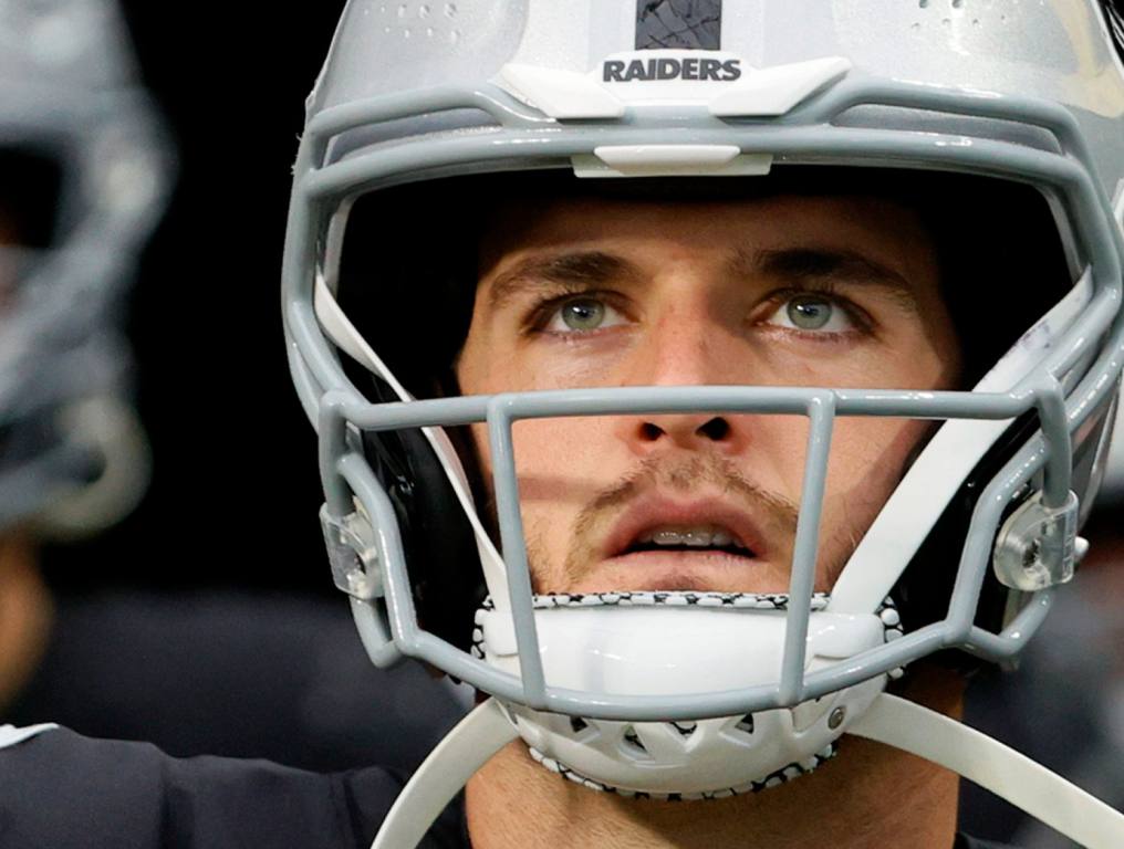 Quarterback Derek Carr #4 of the Las Vegas Raiders waits to take the field for a game against the Washington Football Team at Allegiant Stadium on December 5, 2021 in Las Vegas, Nevada.