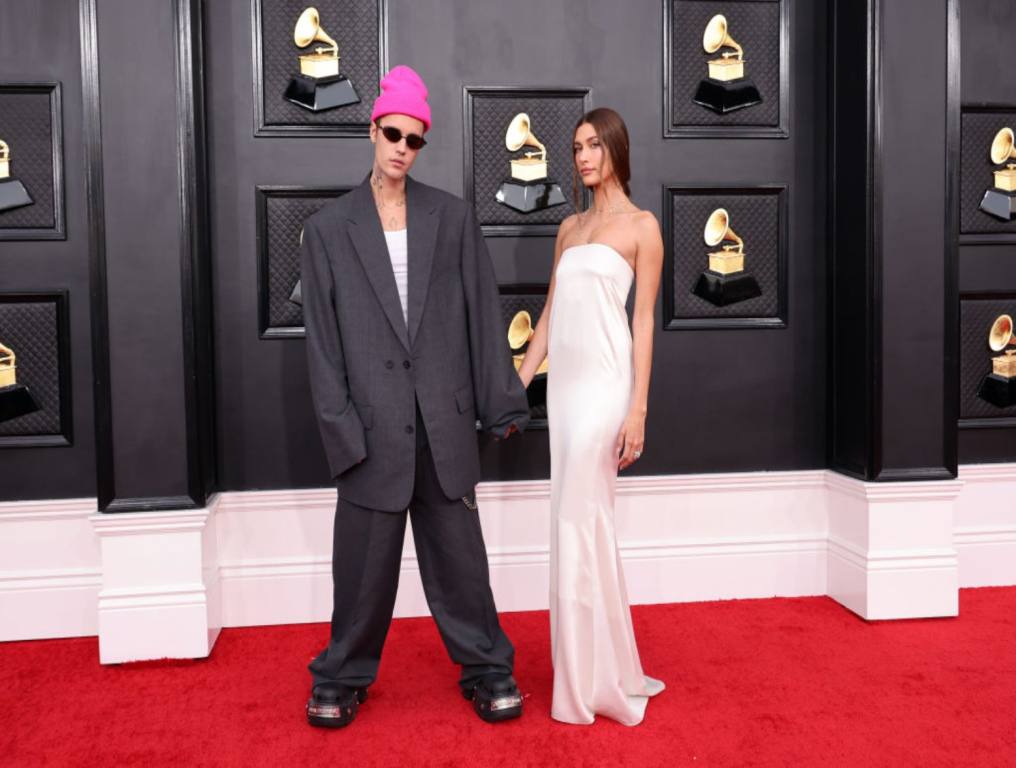 Justin Bieber and Hailey Bieber on the red carpet at the Grammys.