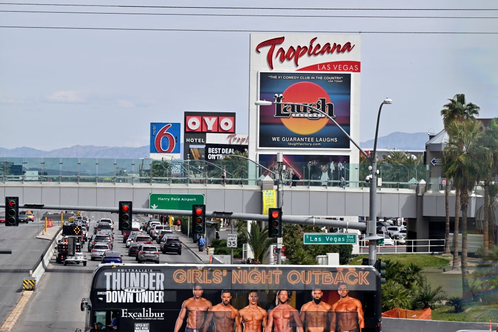 Vehicle traffic travels along Las Vegas Boulevard near the Tropicana Las Vegas.