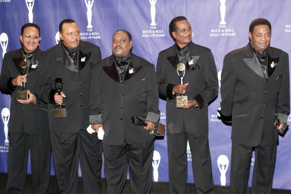 Verne Allison, Charles Barksdale, John Carter, Marvin Curtis Junior and Michael McGill of The Dells backstage at the Rock & Roll Hall Of Fame 19th Annual Induction Dinner at the Waldorf Astoria Hotel March 15, 2004 in New York City.