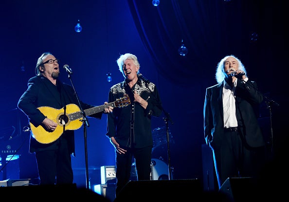 Stephen Stills, Graham Nash and David Crosby of Crosby, Stills & Nash perform onstage at the 25th anniversary MusiCares 2015 Person Of The Year Gala honoring Bob Dylan at the Los Angeles Convention Center on February 6, 2015 in Los Angeles, California.