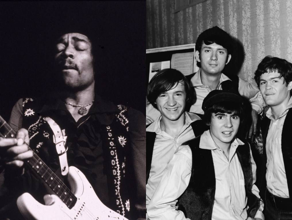 American musician Jimi Hendrix (1942 - 1970) performs onstage, late 1960s; Promotional portrait of the popular music and television group the Monkees, dressed in matching shirts and vests, 1967. From left, Peter Tork, Michael Nesmith (back), Davy Jones (fore), and Mickey Dolenz.