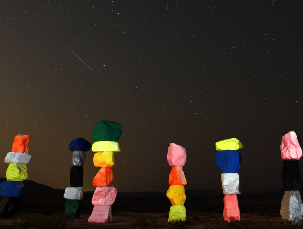 Seven Magic Mountains during a meteoroid shower. This is an atraction that always lands on the list of best free things to do in Las Vegas