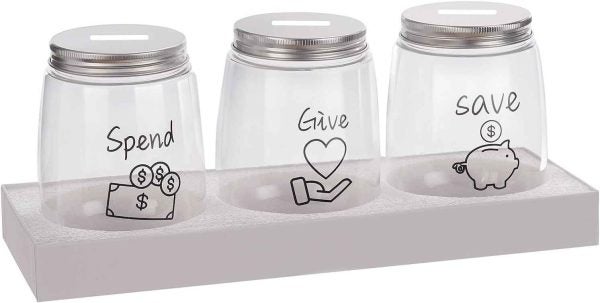 Save money with these spend, give and save glass jars