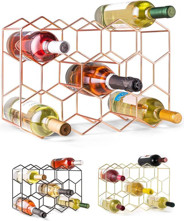 Wine lovers love these countertop wine racks in rose gold, gold, and black color that can hold 14 bottles of wine