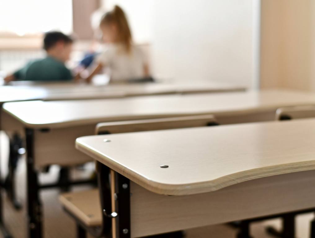 A row of school desks, the last empty tabletop in focus. At the first table sit a boy and a girl and chat. In the classroom, flooded with light from the window. Concept: School Absences