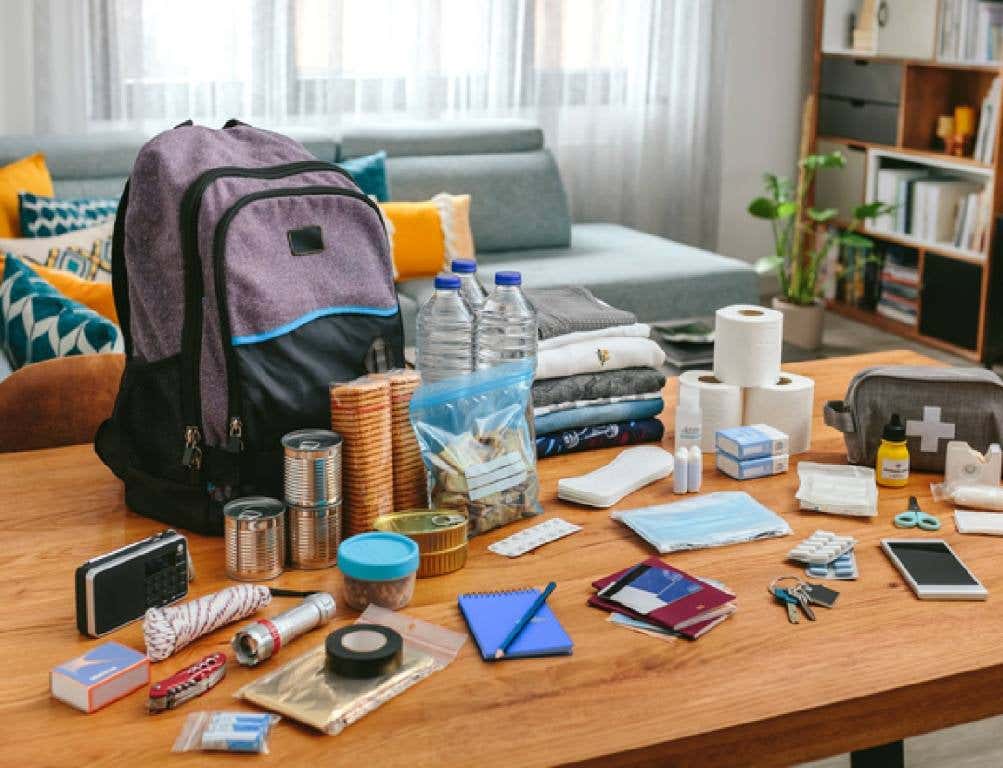 mergency backpack equipment organized on the table in the living room