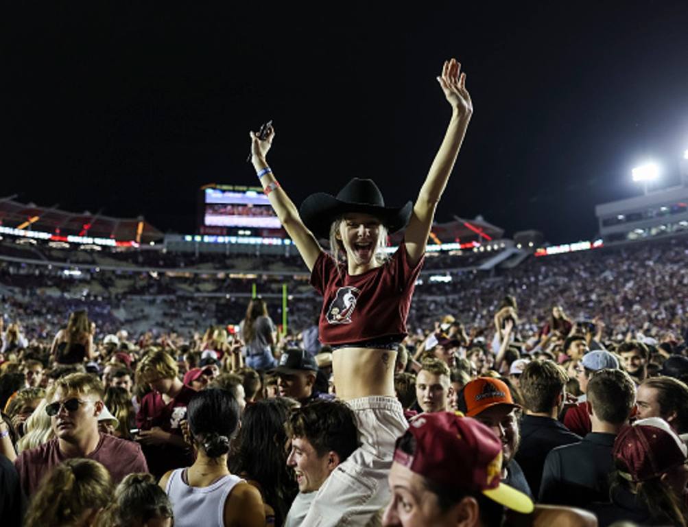 A general view as fans storm the field after the Florida State Seminoles defeated the Florida Gators 45-38 in a game at Doak Campbell Stadium on November 25, 2022 in Tallahassee, Florida.