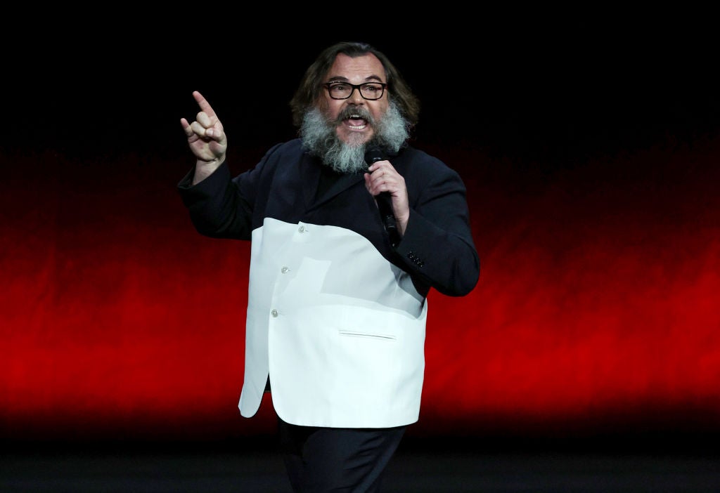 Jack Black on stage at CinemaCon. Jack Black Shines As 'Steve' In New 'Minecraft' Trailer