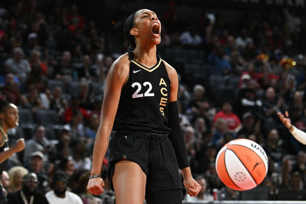 A'ja Wilson of the Las Vegas Aces celebrating during a game. Las Vegas Aces Star Breaks WNBA Single-Season Scoring Record