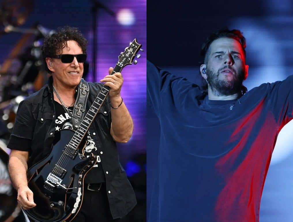 Neal Schon of Journey performs onstage during the "Summer Stadium" tour at Truist Park on July 13, 2024 in Atlanta, Georgia; M. Shadows of the American heavy metal band Avenged Sevenfold performs on Mundo Stage as part of the Rock In Rio Festival at Cidade do Rock on September 16, 2024 in Rio de Janeiro, Brazil.