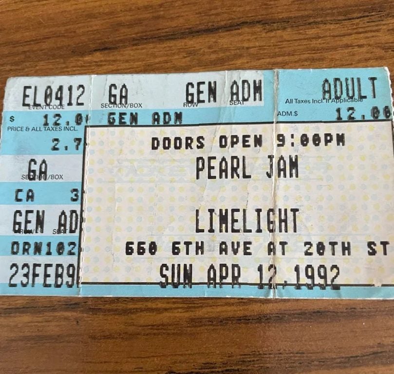 Pearl Jam ticket stub, Limelight in New York City, April 12, 1992