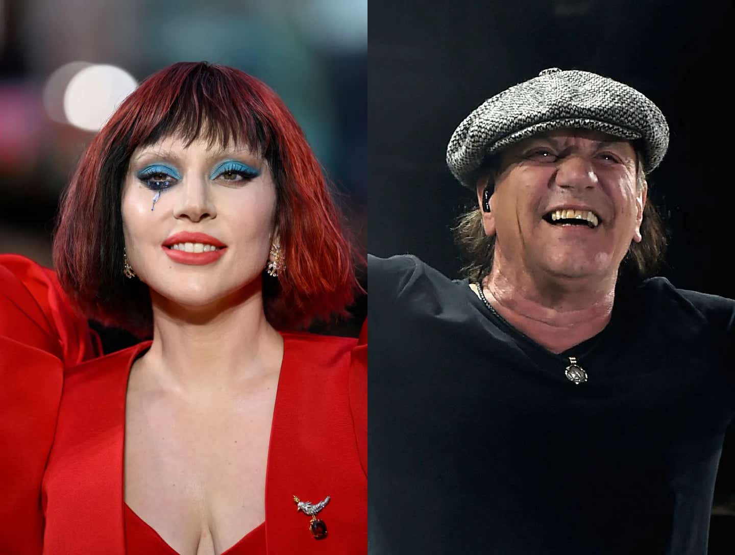 Lady Gaga attends the UK Premiere of "Joker Folie à Deux" at the Cineworld Leicester Square on September 25, 2024 in London, England; Brian Johnson of AC/DC performs onstage during day 1 of the 2015 Coachella Valley Music & Arts Festival (Weekend 1) at the Empire Polo Club on April 10, 2015 in Indio, California.