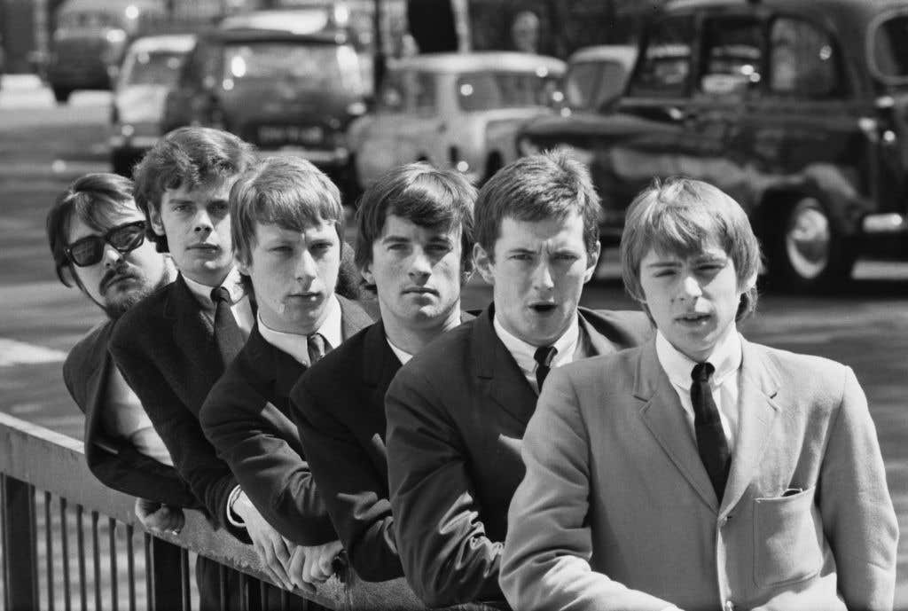 Keith Relf, Eric Clapton, Jim McCarty, Chris Dreja, Paul Samwell-Smith of the Yardbirds and their manager Giorgio Gomelsky in 1964