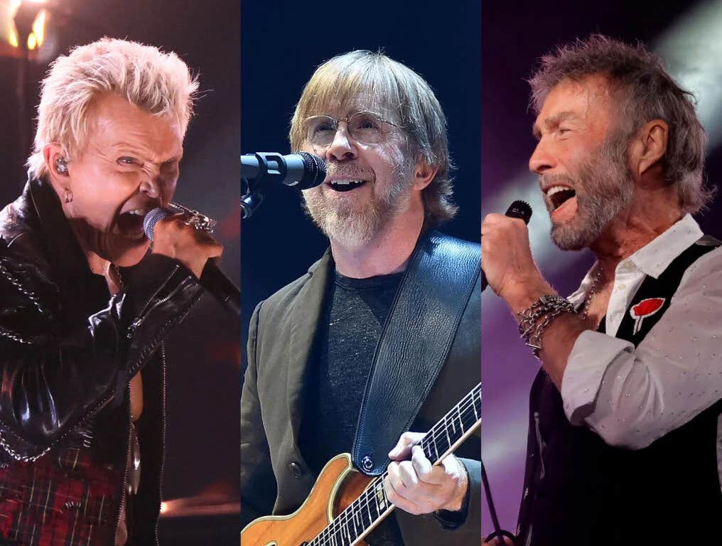 Billy Idol performs onstage during the 2024 Rock & Roll Hall of Fame Induction Ceremony streaming on Disney+ at Rocket Mortgage Fieldhouse on October 19, 2024 in Cleveland, Ohio; Trey Anastasio performs during "A Concert For Island Relief" at Radio City Music Hall on January 6, 2018 in New York City; Paul Rodgers performs onstage at "Rock The Plaza" benefit to save the Plaza Theatre on November 11, 2022 in Palm Springs, California.