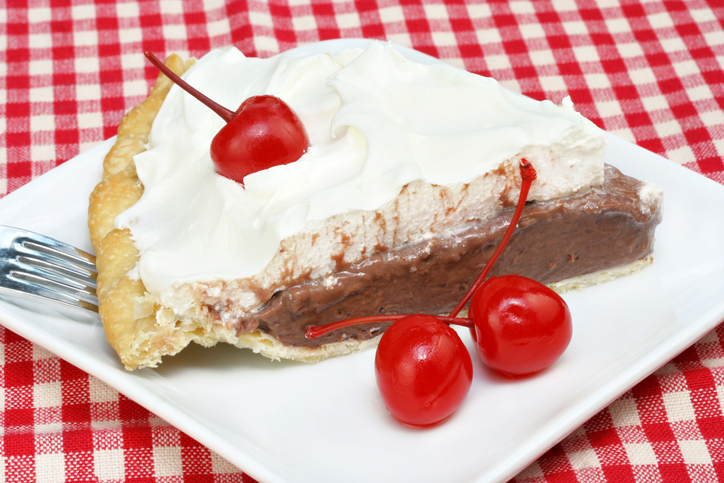 Single piece of chocolate pie on plate with cherries