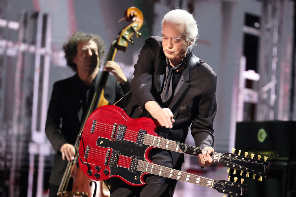 Jimmy Page performs at the 38th Annual Rock & Roll Hall Of Fame Induction Ceremony at Barclays Center on November 03, 2023 in New York City. 