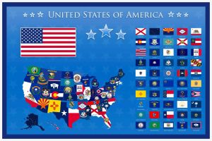 An illustration showing the flag of the United States of America on the top left, under the words "United States of America" in white letters at the top of the illustration. All 50 state flags are depicted in tiny rectangles on the right of the illustration, with the name of each state under each flag, in alphabetical order. On the bottom left under the American flag is a map of the United States with a portion of each state's flag occupying that state's location on the U.S. map. This is all illustrated on a light blue background.