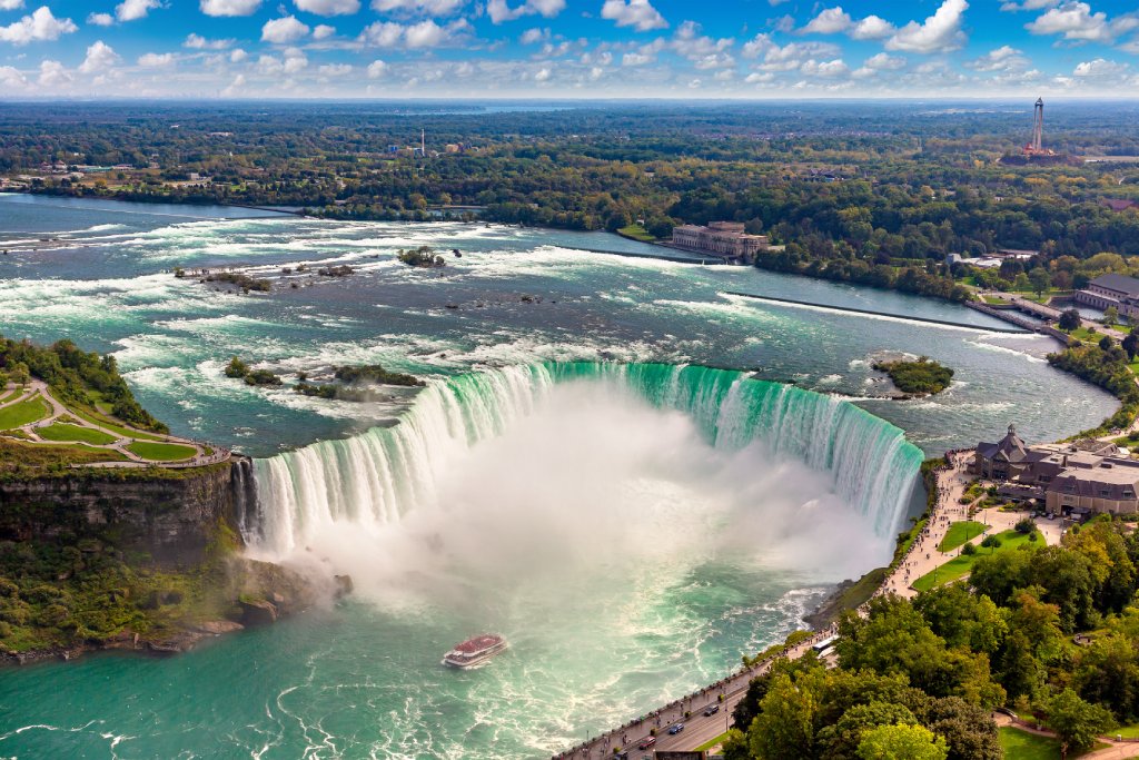 Panoramic aerial view of Canadian side view of Niagara Falls, Horseshoe Falls in a sunny day in Niagara Falls, Ontario, Canada